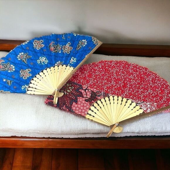 Mixed Prints Textile Wooden Handheld Foldable Fan Lot of 2 Red & Blue - Picture 1 of 10